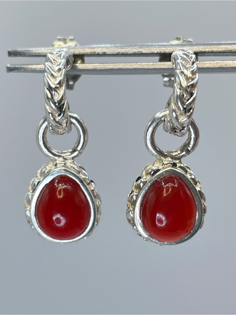 Barse 925 Sterling Silver Red Carnelian Teardrop Dangle Hoop Earrings Vintage
